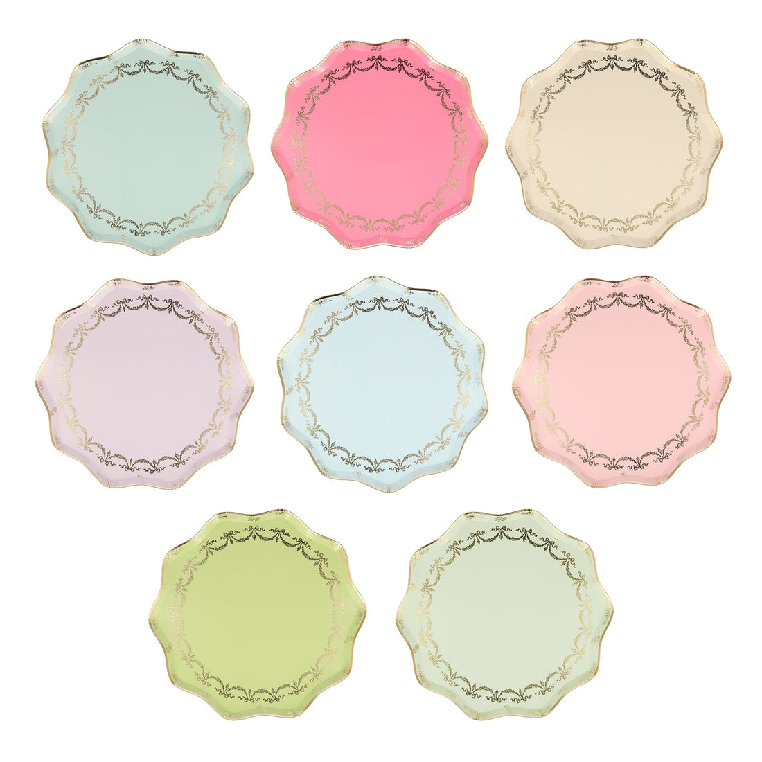 A set of Meri Meri Ladurée Paris Paper Plates with gold trim.