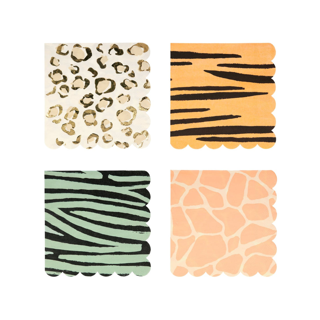 Four Safari Animal Print Paper Napkins with gold foil detail on a white background by Meri Meri.