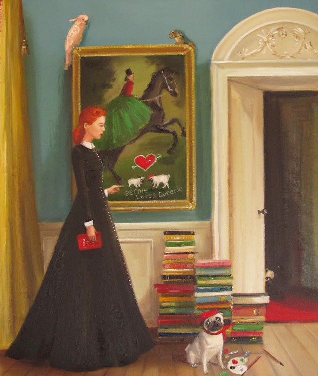 A fine art painting by Janet Hill of a woman in a black dress standing next to a painting of a horse featuring Miss Moon Was a Dog Governess - Lesson Three Small Art Print.