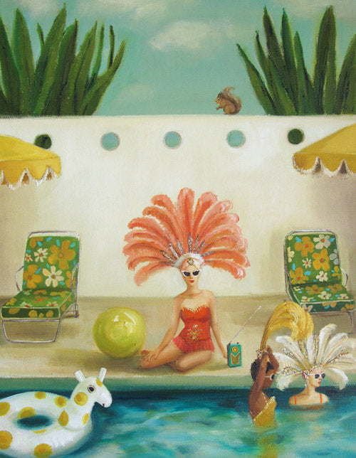 A framed print of a woman sitting by a pool, crafted by fine artist Janet Hill.