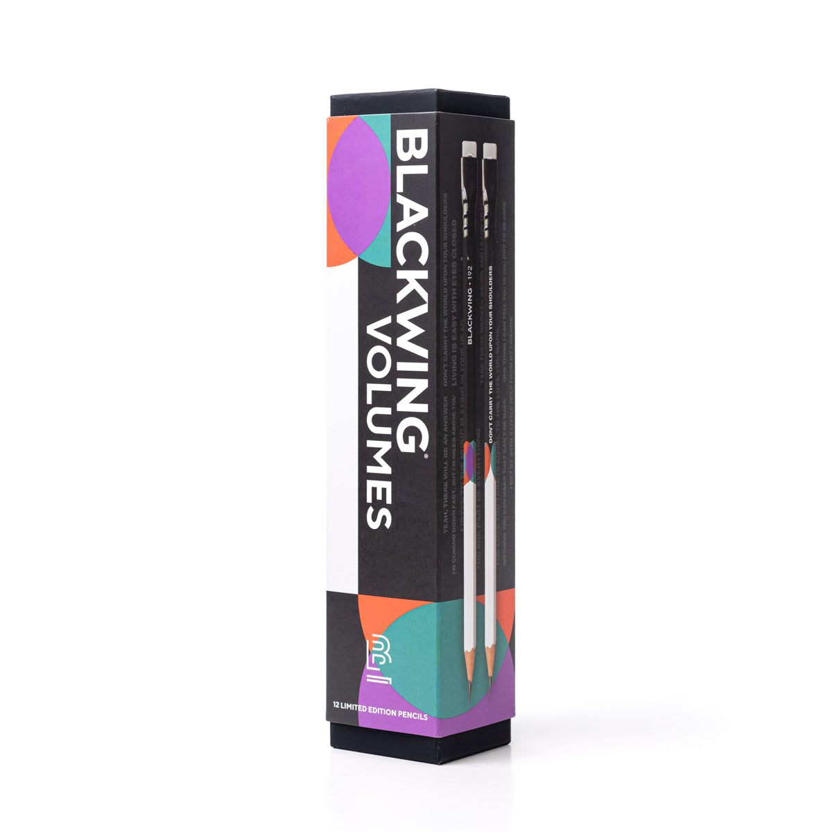 A group of Blackwing Volume 192- Tribute to John Lennon and Paul McCartney (Set of 12) colored pencils with a quote on them about songwriting by John Lennon and Paul McCartney.